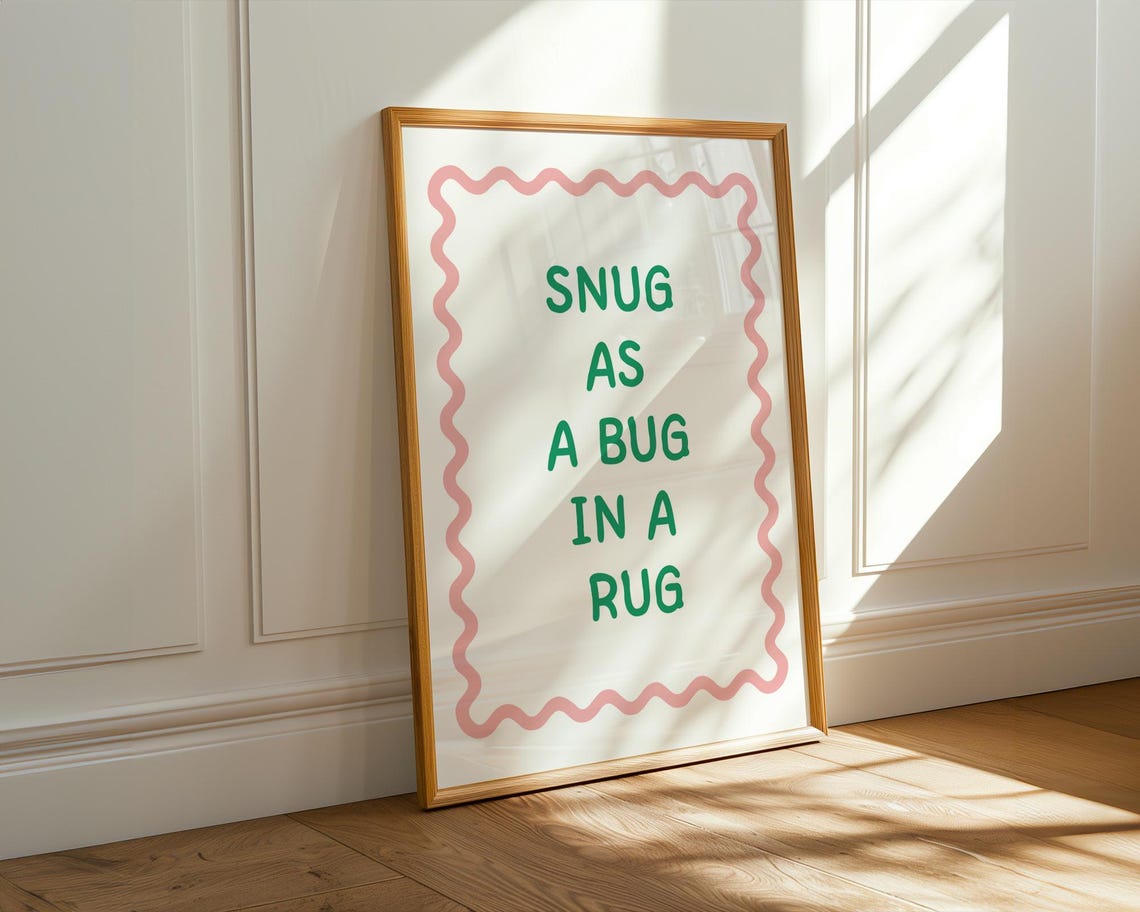 Snug As A Bug In A Rug Playful Green Pink Typography Quote Poster