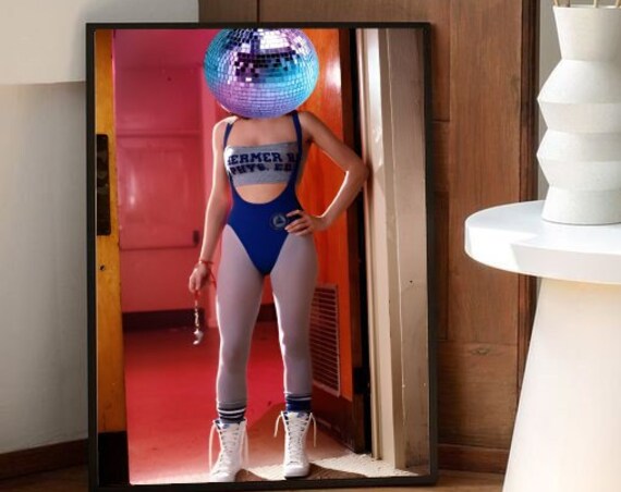 Retro 90s Dance Girl Disco Ball Head Vintage Party Outfit Poster