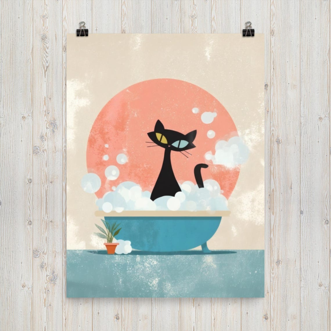 Atomic Black Cat Bubble Bath Retro Midcentury Bathroom Spa Poster