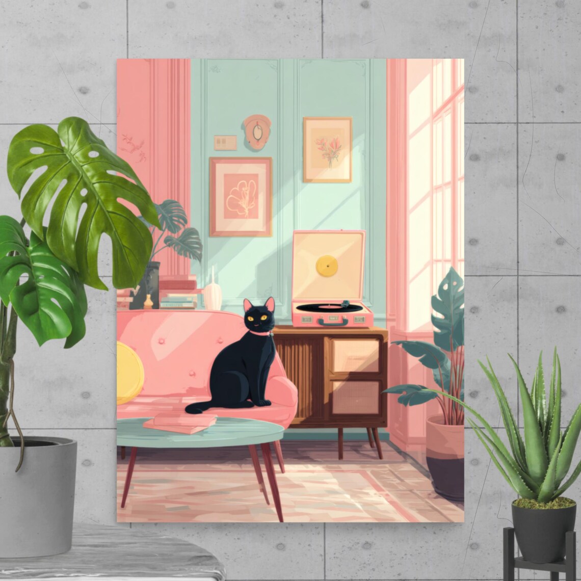 Black Cat In Pink Midcentury Living Room With Retro Record Player Poster