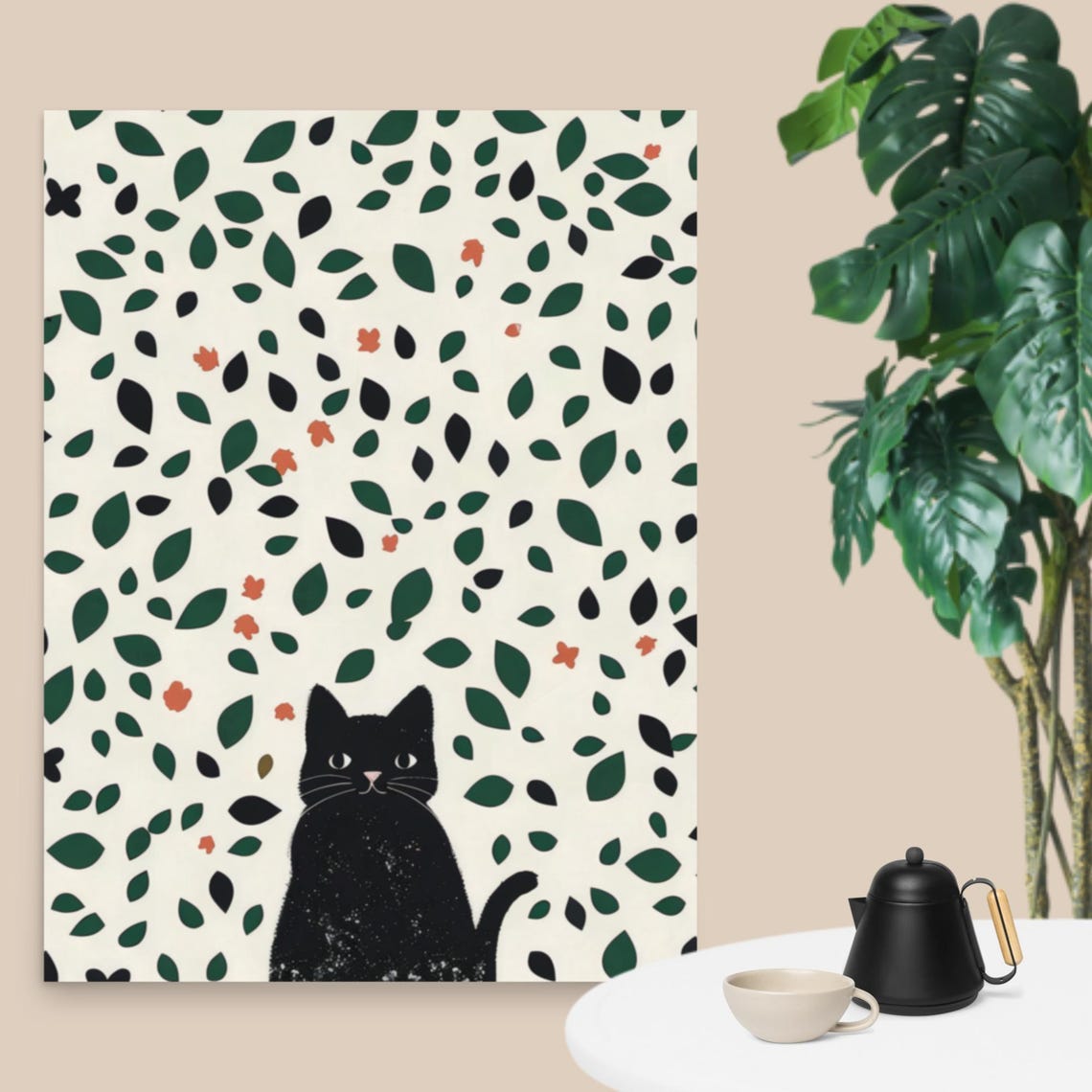 Black Cat Among a Scattered Botanical Leaf Pattern Modern Poster