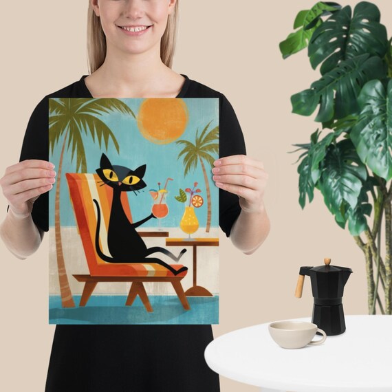Black Cat Beach Vacation Lounging With Cocktails Retro Travel Poster