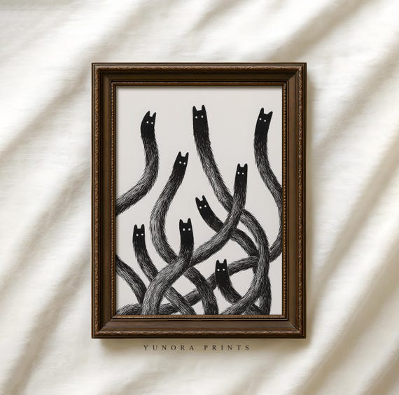 Abstract Black Cat Halloween Art Print Creepy Cute Wall Decor Spooky Minimalist