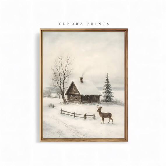 Winter Cabin with Stag in Deep Snow Vintage Landscape Poster