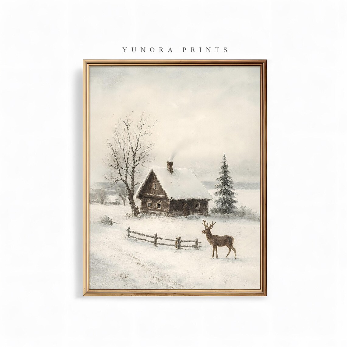 Winter Cabin with Stag in Deep Snow Vintage Landscape Poster