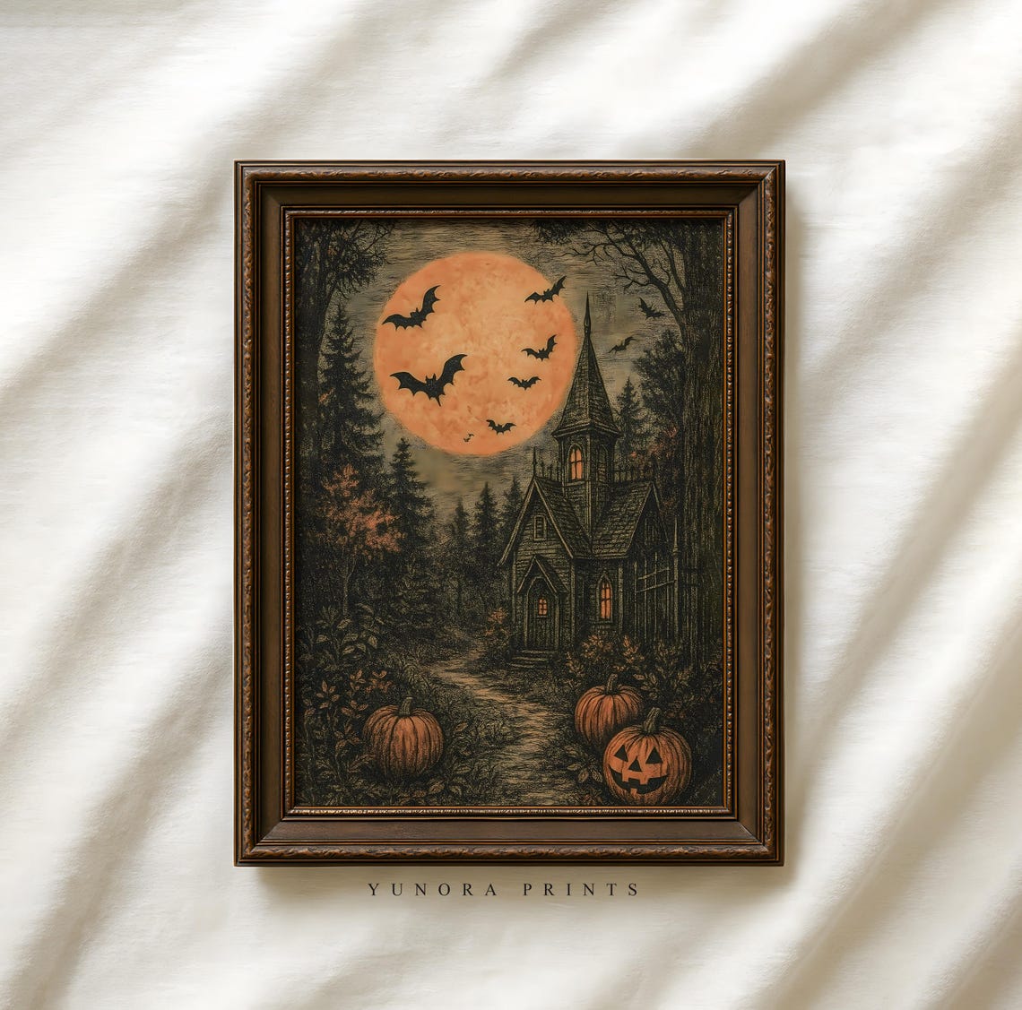 Halloween Haunted Church Under Full Moon with Bats Vintage Print