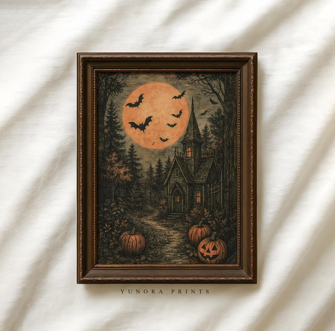 Haunted House Halloween Art Print Gothic Pumpkin Poster Wall Decor