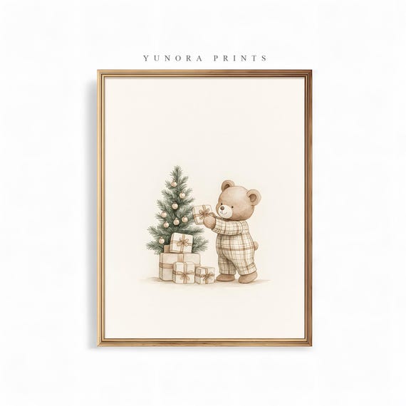 Cute Christmas Bear Prints Cozy Holiday Nursery Wall Art