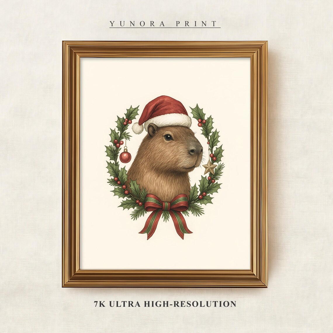 Capybara Christmas Santa Hat Wreath Holiday Ornament Festive Wall Print