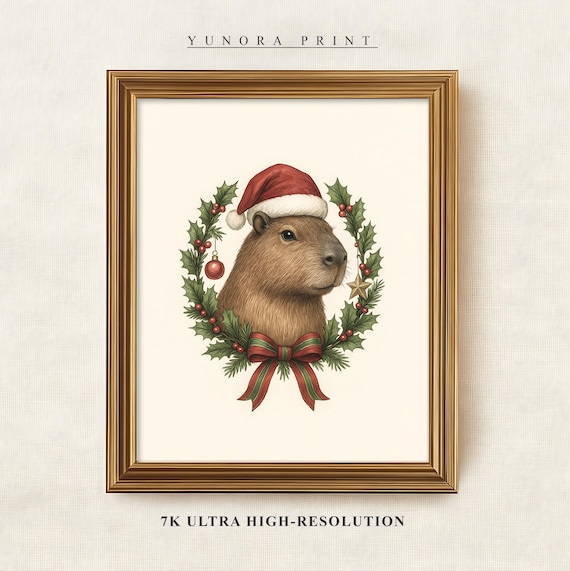 Capybara Christmas Santa Hat Wreath Holiday Ornament Festive Wall Print