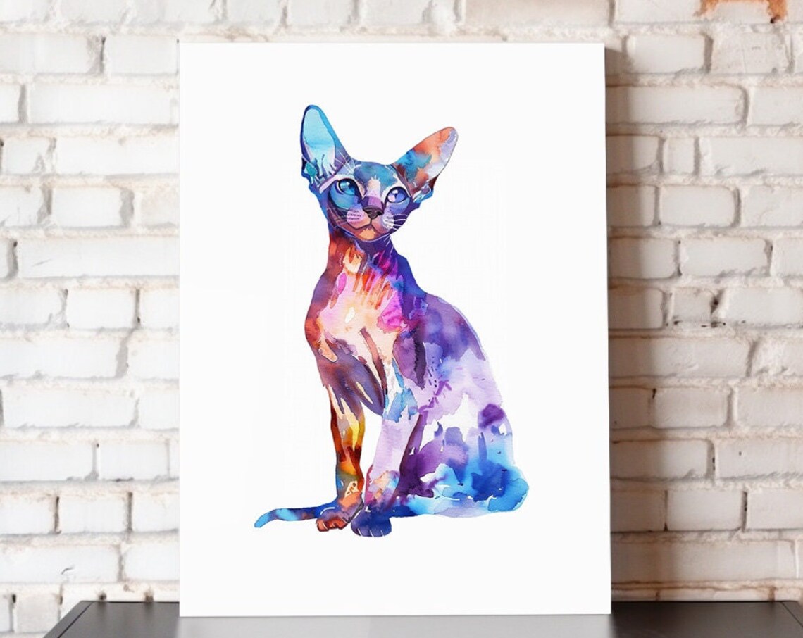Sphynx Cat Watercolor Rainbow Hairless Feline Colorful Pet Portrait Poster
