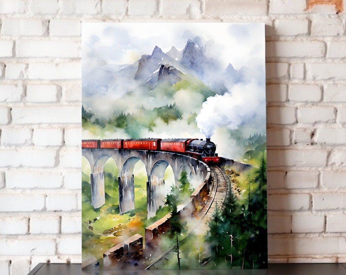 Red Steam Train Stone Viaduct Misty Highlands Watercolor Journey Poster