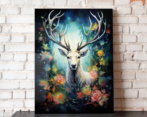 White Stag Antlers Flower Garden Dark Enchanted Forest Spirit Art Poster