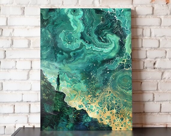 Emerald Gold Abstract Ocean Swirls Lone Figure Marble Texture Art Poster