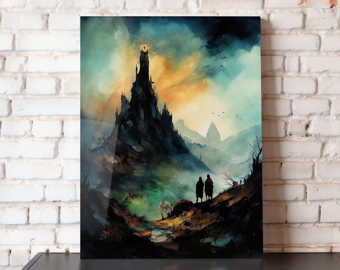 Dark Tower Flaming Eye Fantasy Landscape Two Travelers Epic Art Poster