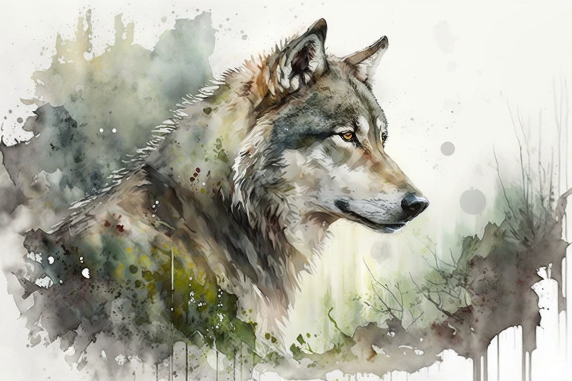 Wolf Watercolor Forest Green Splash Wild Canine Animal Art Poster