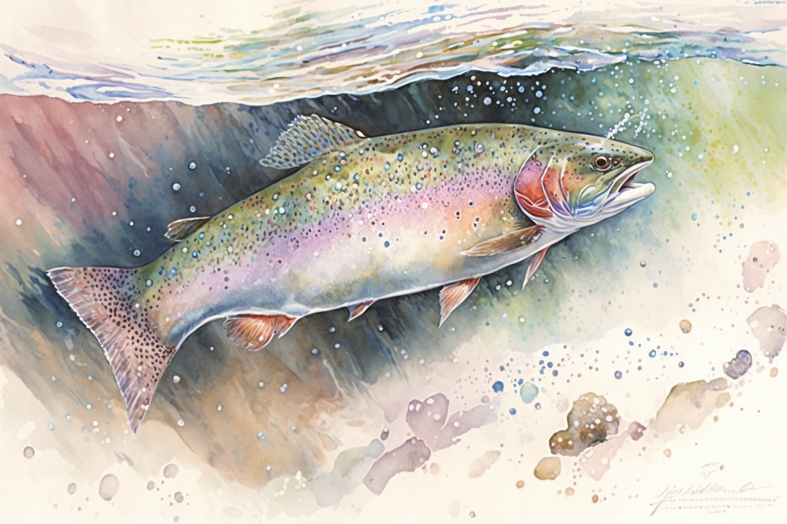 Rainbow Trout Watercolor Underwater Stream Fishing Angler Poster