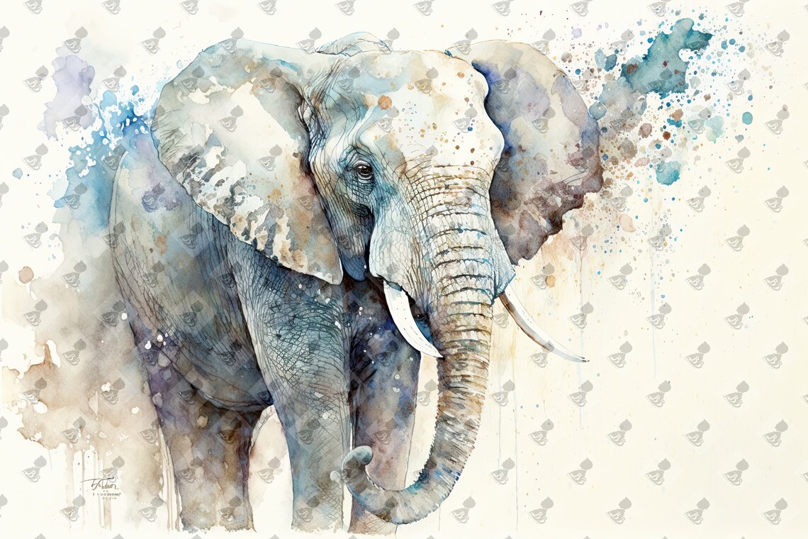 African Elephant Watercolor Blue Grey Safari Wild Animal Art Poster
