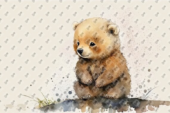 Cute Baby Bear Cub Watercolor Soft Pastel Nursery Animal Wall Art