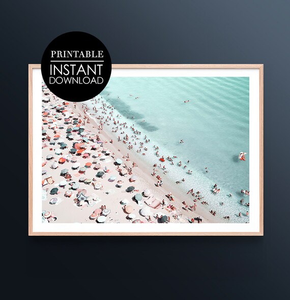 Aerial Beach Umbrellas Summer Crowd Turquoise Ocean Photo Poster