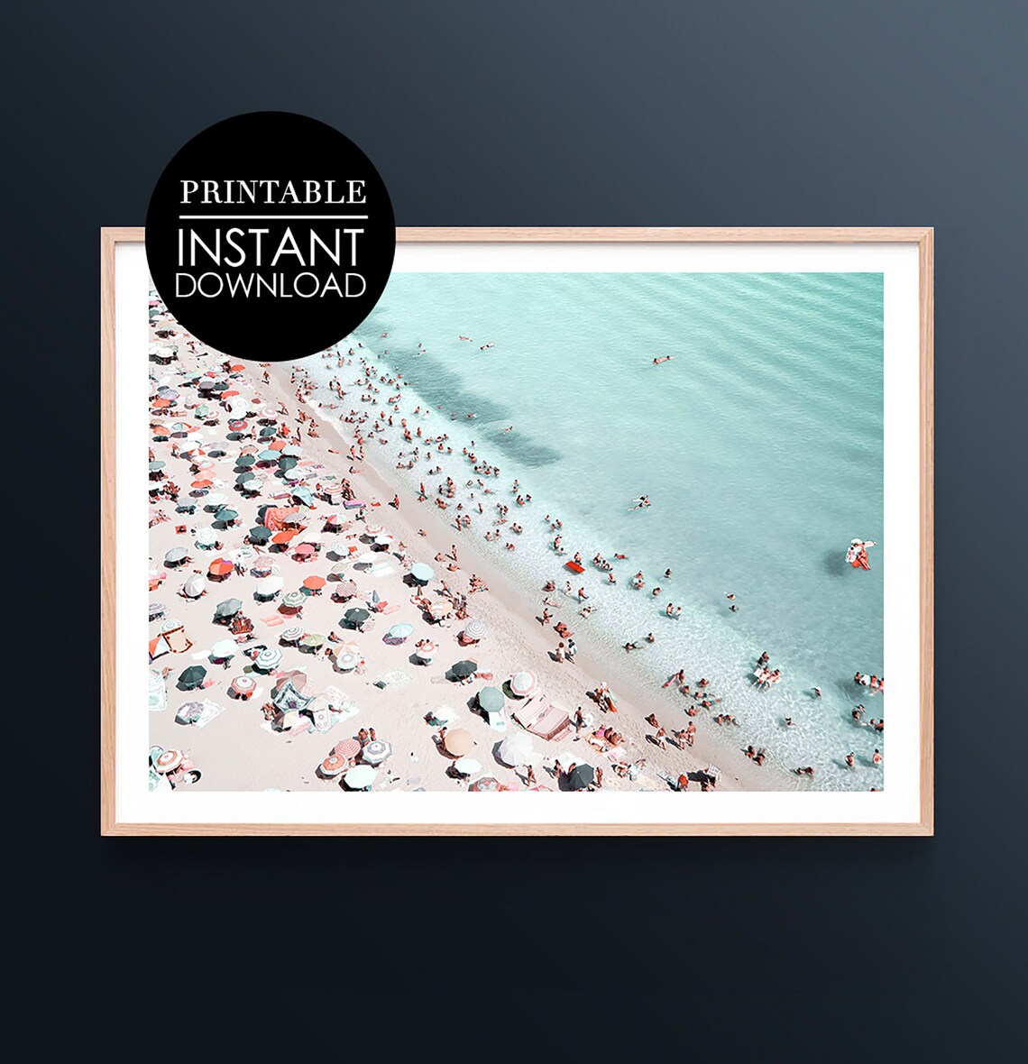 Aerial Beach Umbrellas Summer Crowd Turquoise Ocean Photo Poster