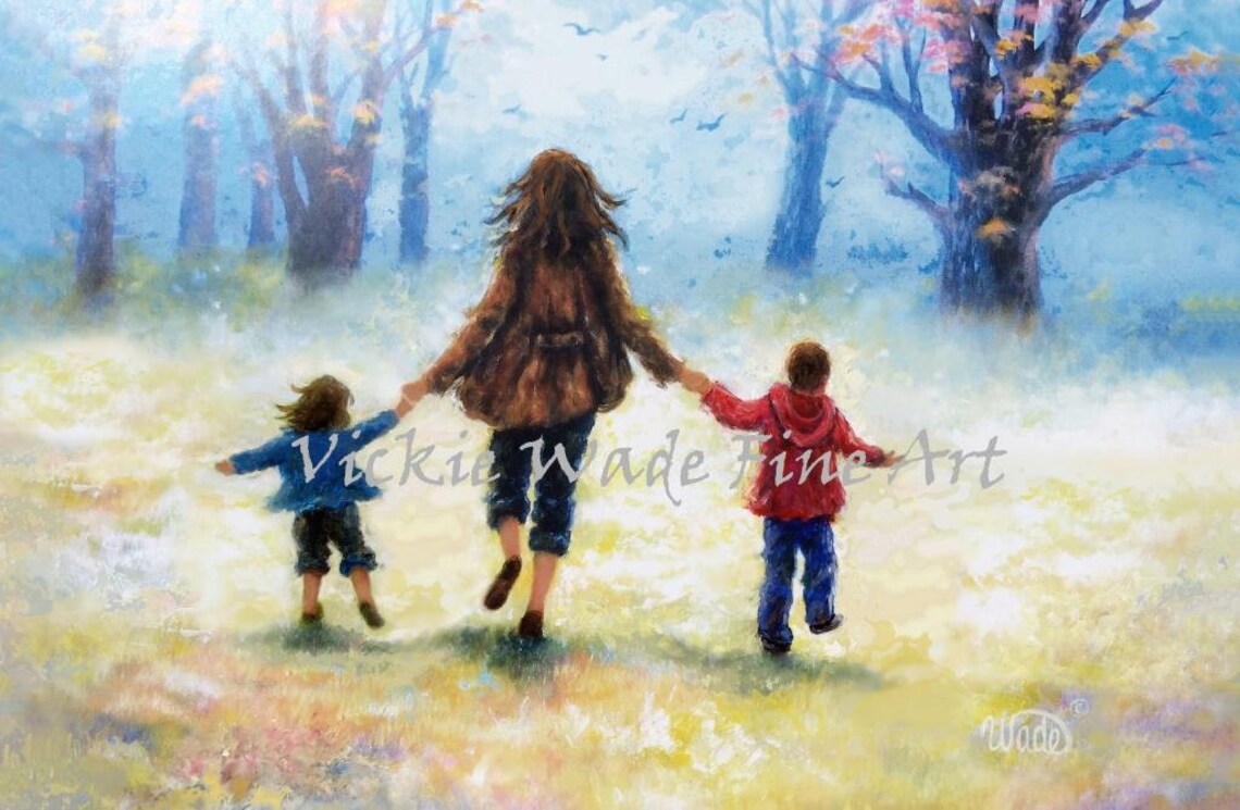 Mother Walking Hand In Hand With Her Son And Daughter Poster