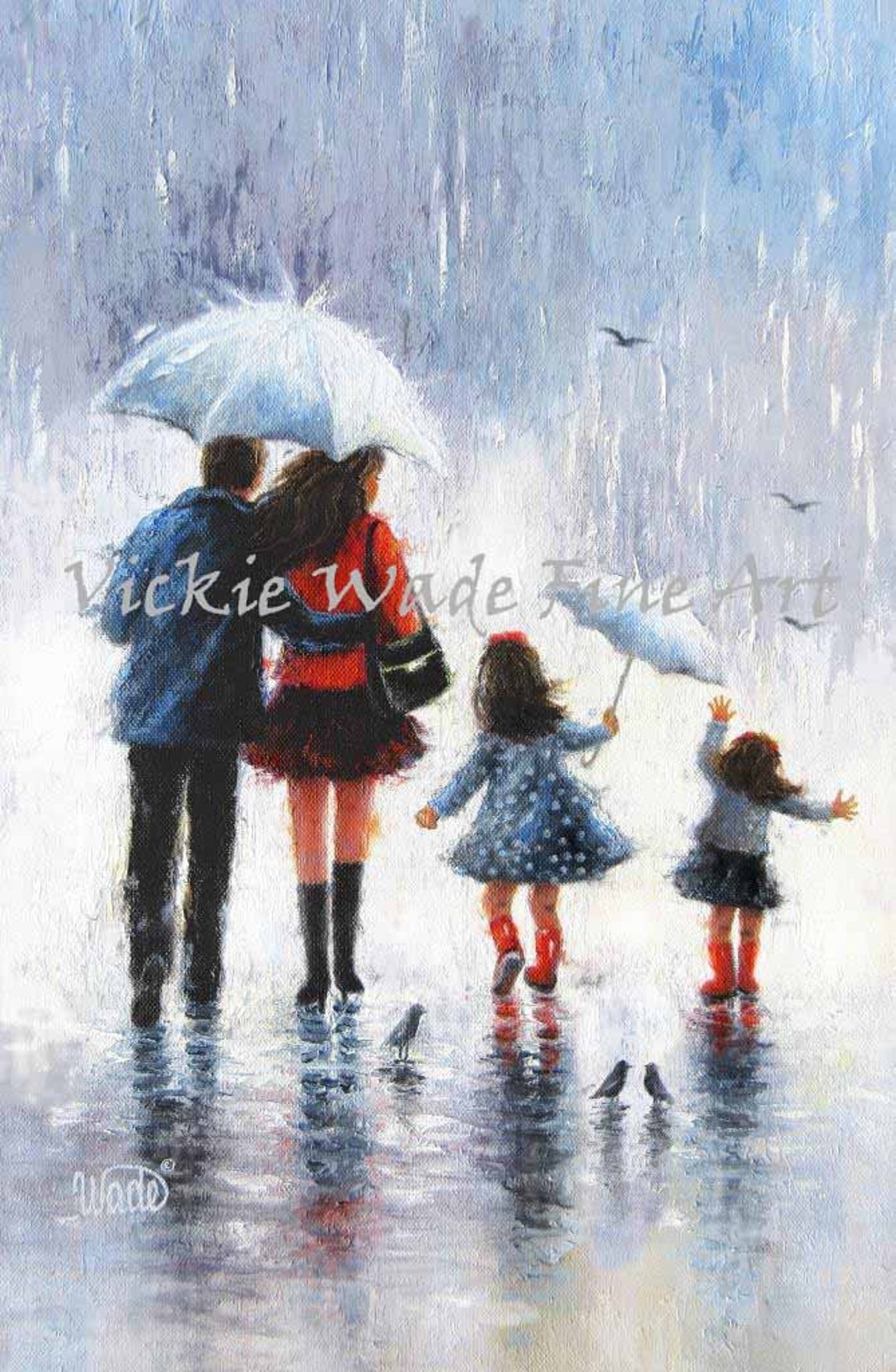 Father Mother Two Daughters Art Print Rain Family Two Sisters Dad Mom Two Girls Loving Family Red And Black Wall Art Vickie Wade Art