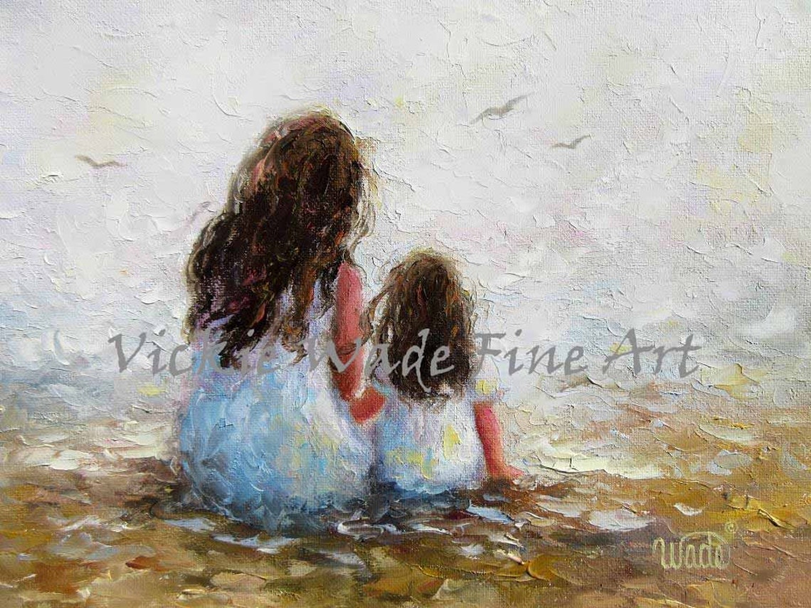 Mother Daughter Art Print Mother Paintings Mom Two Sisters Big Sister Mothers Day Gift Girls Room Blue Gray Wall Decor Vickie Wade