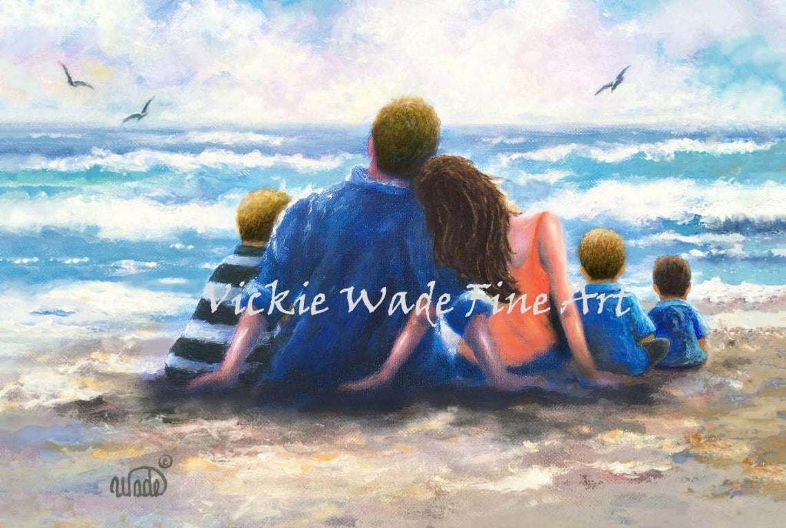 Parents And Their Three Sons Sitting Together On The Beach Poster