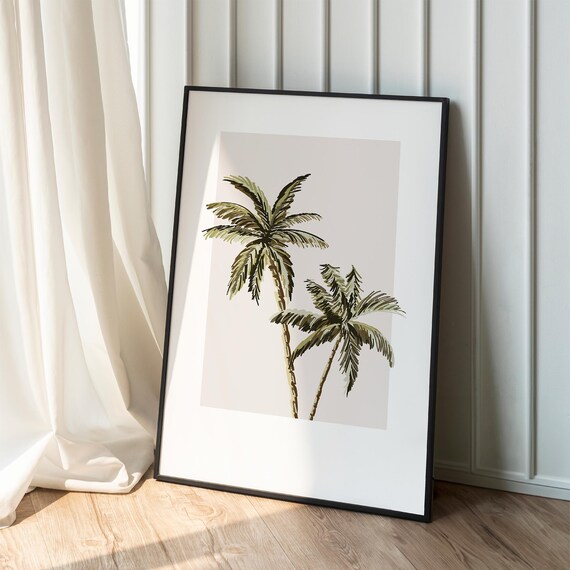 Boho Neutral Palm Trees Pair Minimalist Coastal Art Print Decor