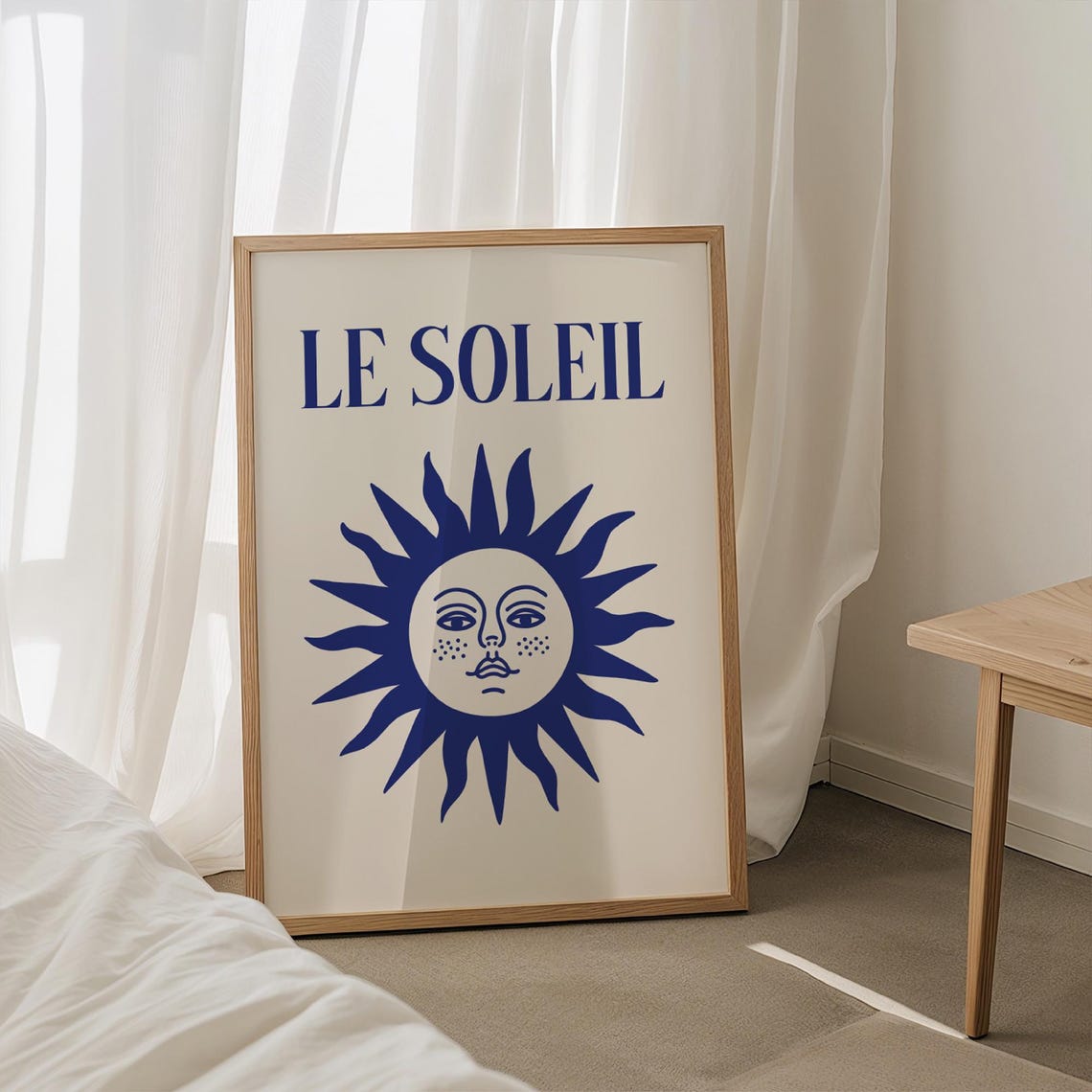 Le Soleil Cobalt Blue Sun Face French Boho Celestial Wall Poster