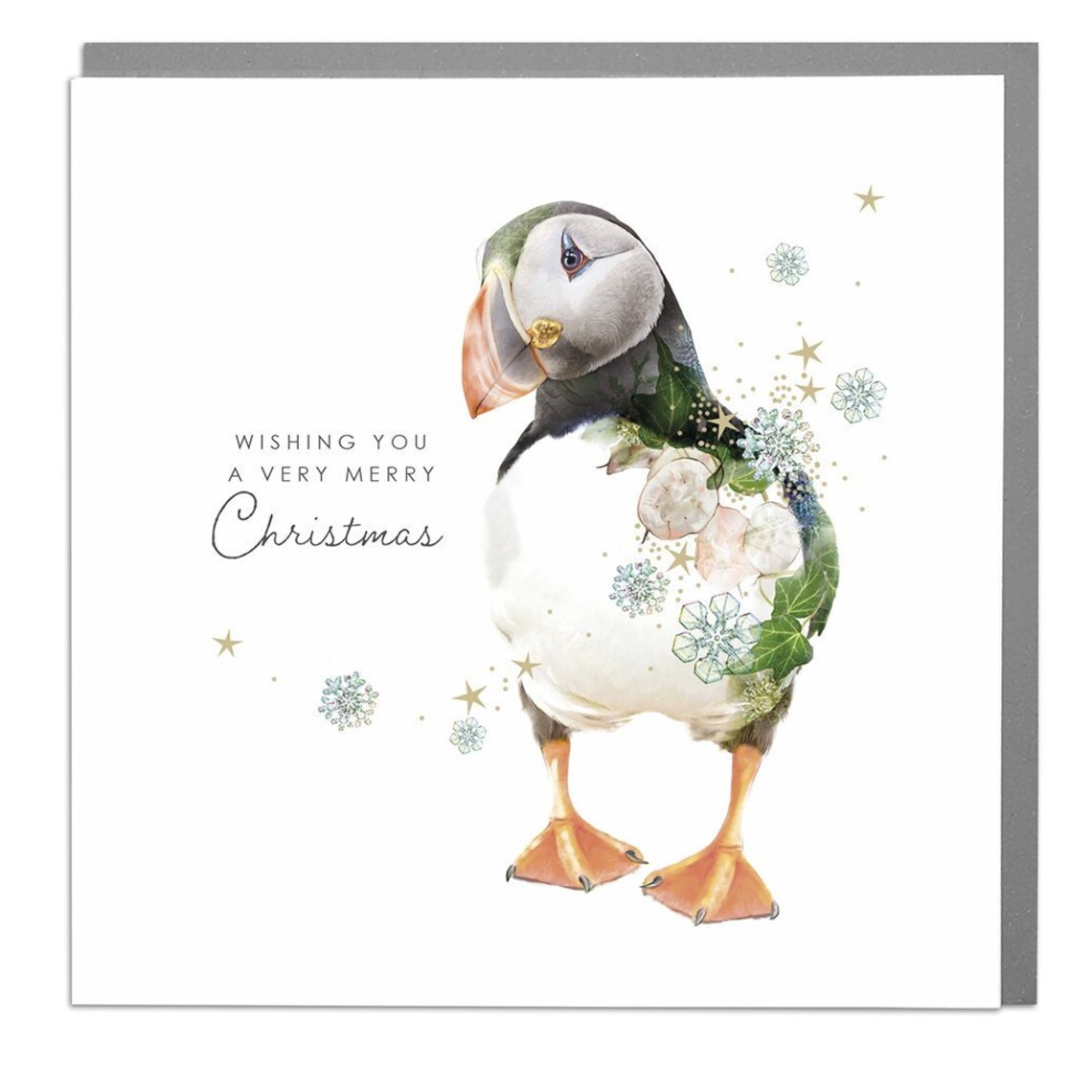 Puffin Merry Christmas Card Snowflake Winter Holiday Art Print