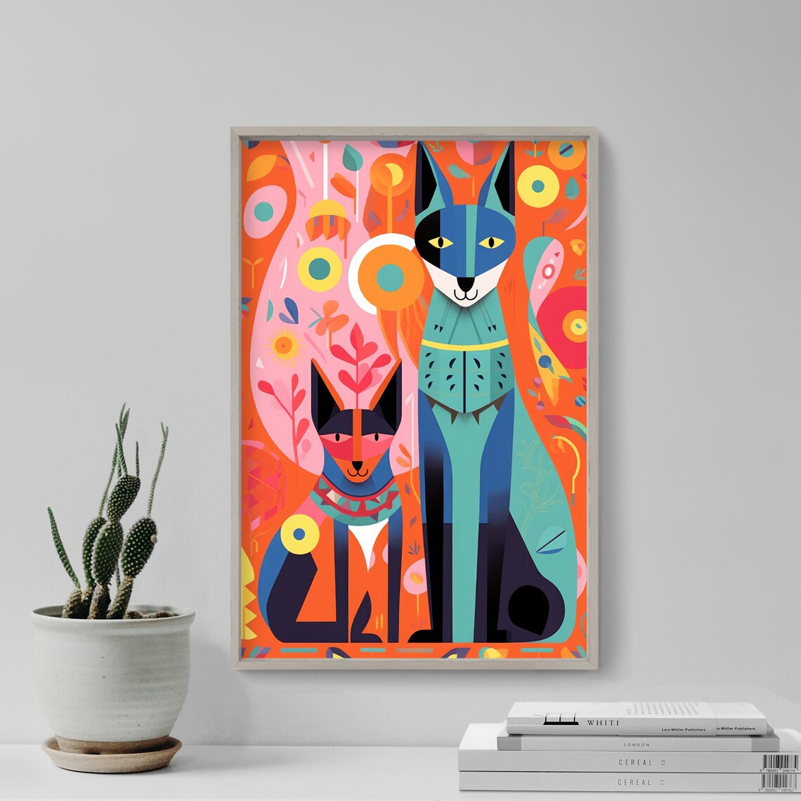 Two Colorful Folk Art Cats Floral Background Illustration Poster