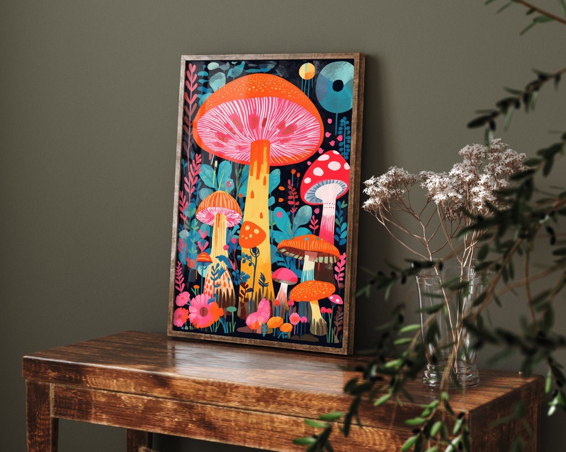 Psychedelic Neon Mushroom Forest Trippy Fungi Illustration Poster