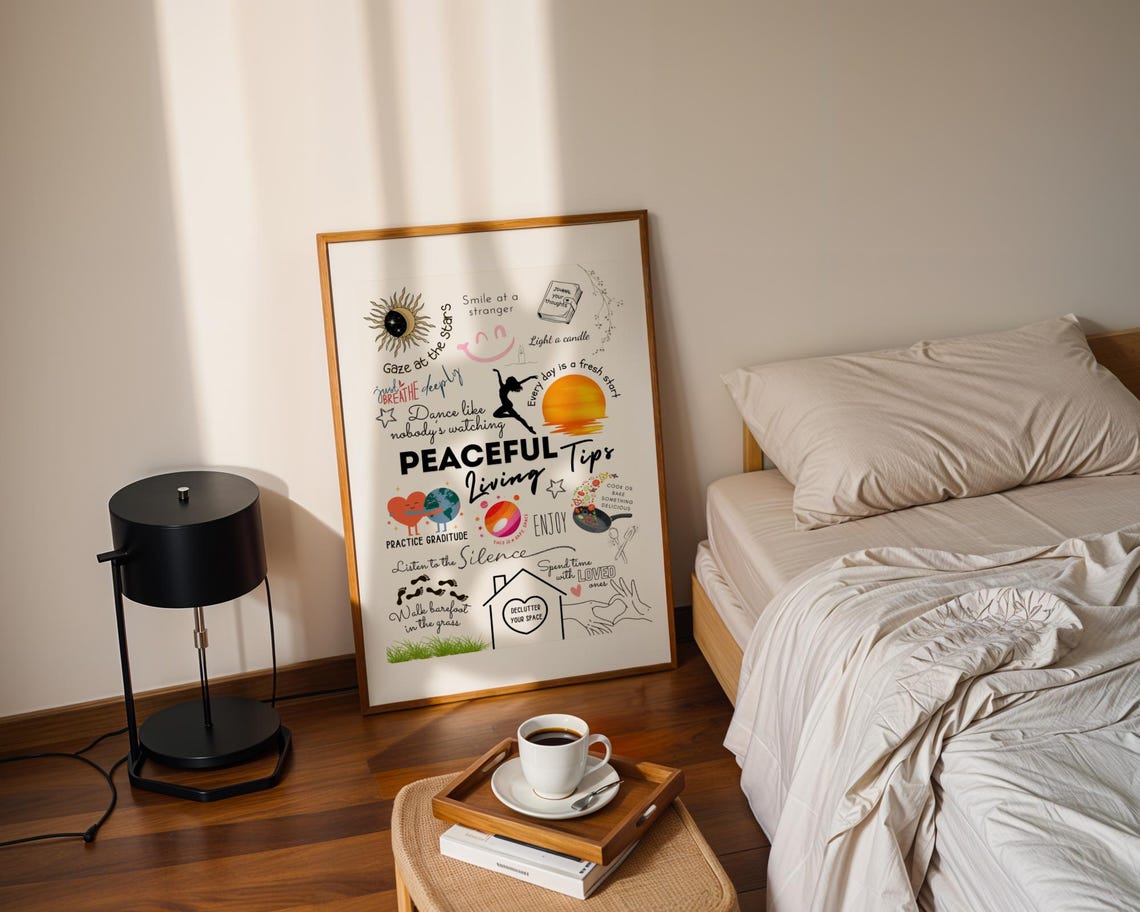Peaceful Living Tips Doodle Poster Mindfulness Daily Joy Inspiration