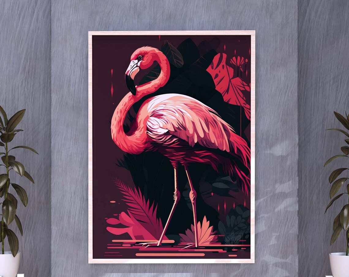 Pink Flamingo Poster Dark Burgundy Tropical Bird Moody Room Decor