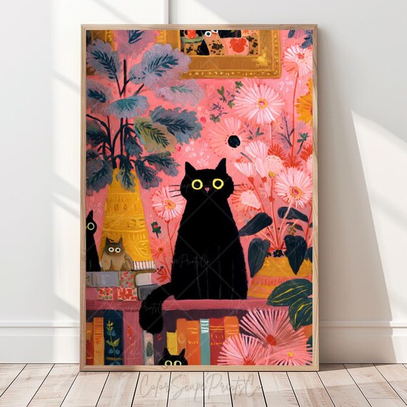 Black Cat on Bookshelf Pink Floral Whimsical Library Art Poster