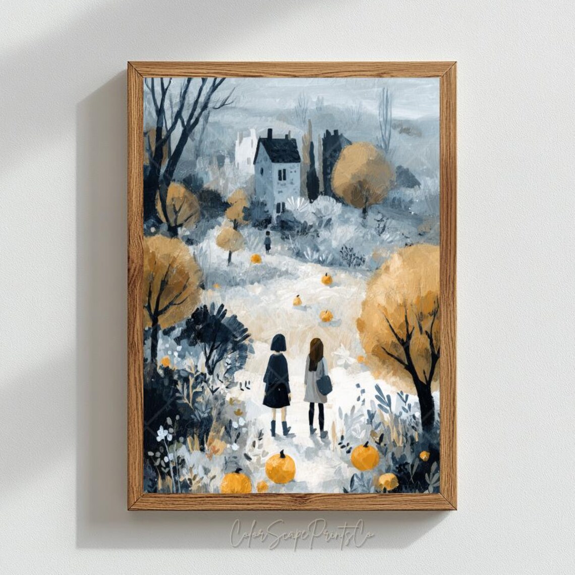 Cozy Autumn Cottage Walk Two Girls Pumpkin Path Fall Art Poster
