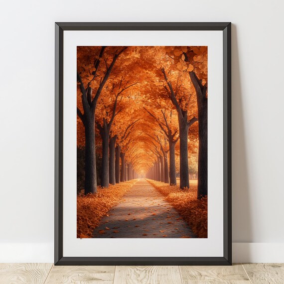 Golden Autumn Tree Avenue Falling Leaves Path Fall Foliage Wall Poster