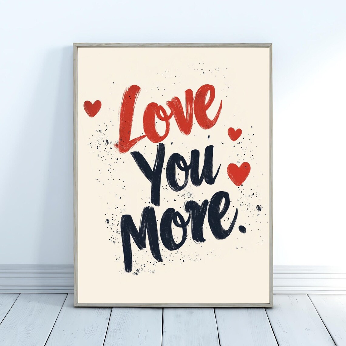 Love You More Brush Lettering Hearts Red Black Retro Bedroom Poster