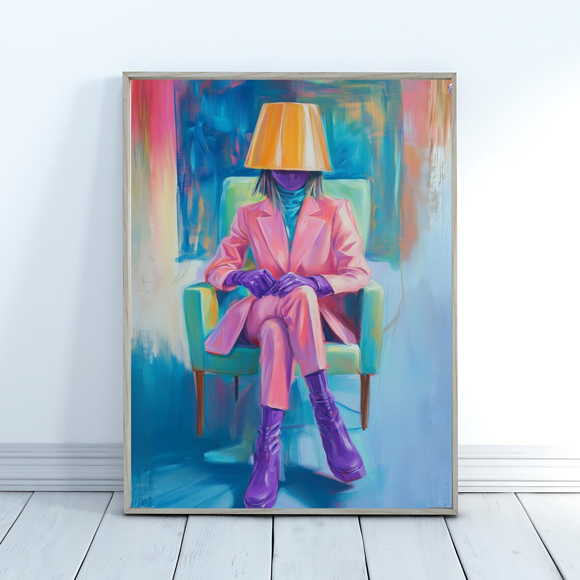 Surreal Woman Lampshade Head Pink Suit Vibrant Whimsical Wall Art