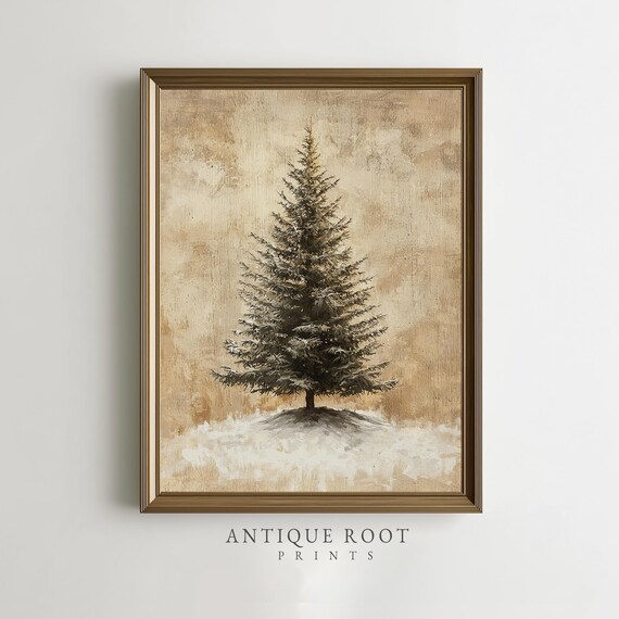 Vintage Christmas Tree Beige Winter Minimalist Rustic Art Poster