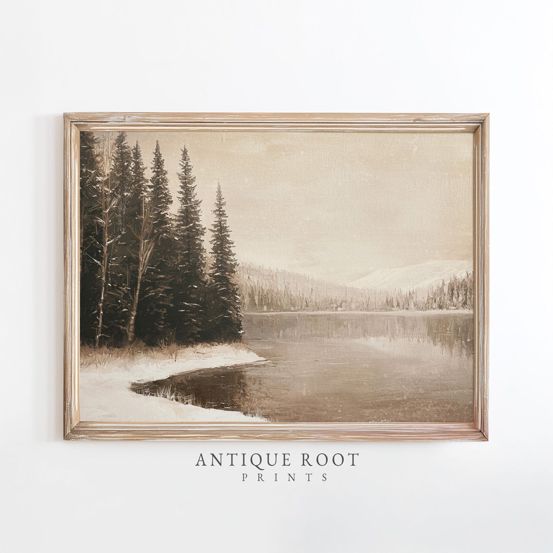 Vintage Winter Lake with Pine Trees Sepia Tone Landscape Poster