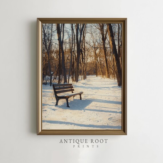 Winter Park Bench Print Serene Snowy Path Photography Moody Minimal Art Vintage Farmhouse Decor Instant