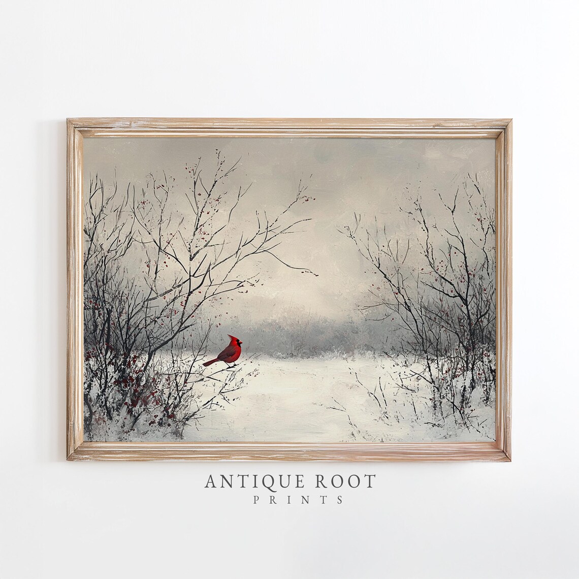 Red Cardinal Winter Snow Perched on Bare Branch Bird Art Poster