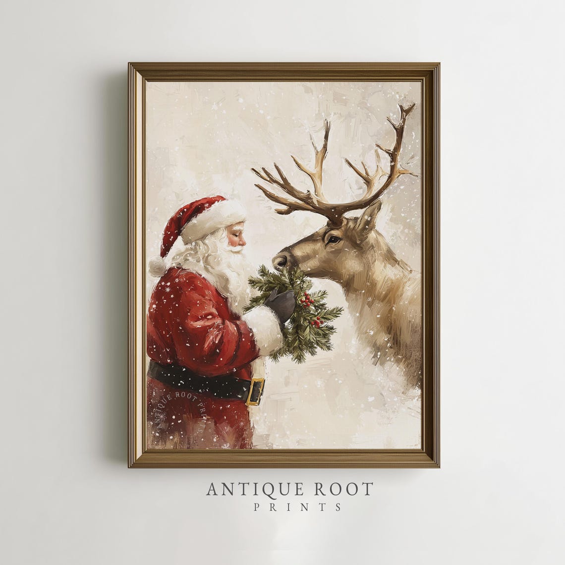 Santa Claus Feeding a Reindeer in Snow Vintage Christmas Poster
