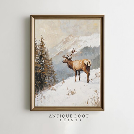 Majestic Elk Winter Art Print Cozy Cabin Wall Rustic Lodge Style Home Decor Earthy Mountain Scene