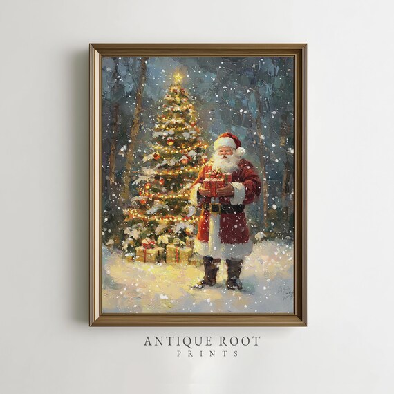 Santa Claus by Glowing Christmas Tree Gifts Snowy Forest Painting Poster