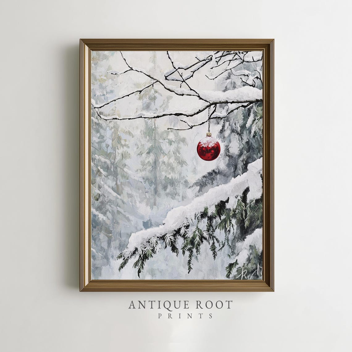 Red Ornament on Snowy Branch Winter Forest Minimalist Art Print