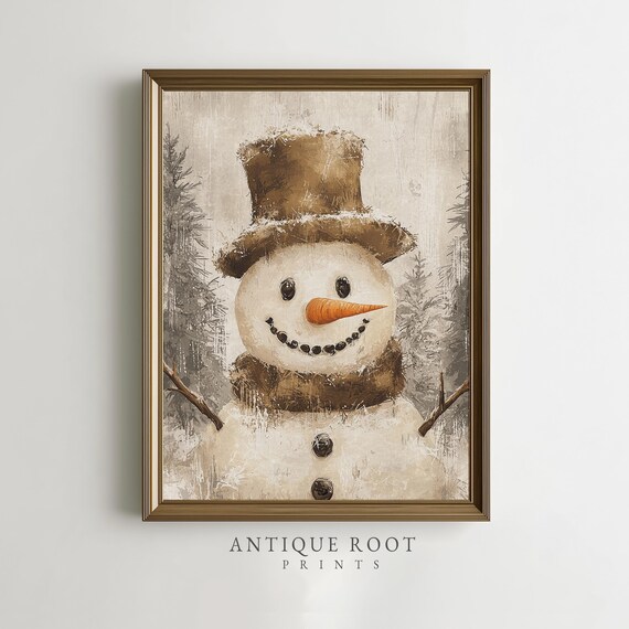 Rustic Vintage Snowman Top Hat Carrot Nose Farmhouse Christmas Poster